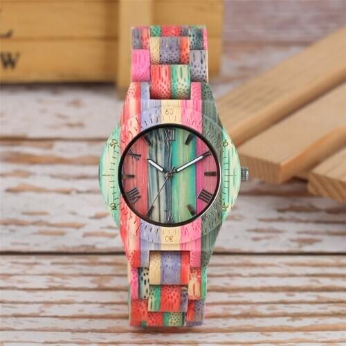 Multicolor Bamboo Wooden Bangle Watch Lady Quartz Movement Roman Numerals Display Full Wood Womens Bracelet Wristwatch Gifts