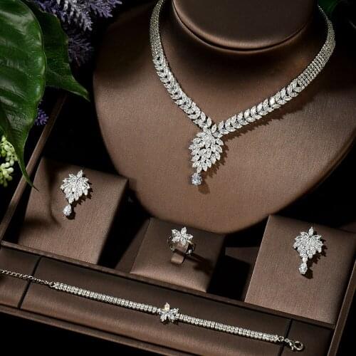 HIBRIDE Fashion Leaf Wedding Jewelry Sets Charm Zirconia Women Accessories Necklace Earrings 4pc Set Bridal Jewelry Set N-1436