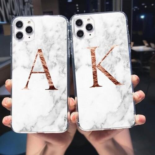 Letter Monogram A B C D White Marble Soft Phone Case For Coque iPhone 12 Mini 11 Pro Max 12Pro X XR XS Back Cover Fundas Shell