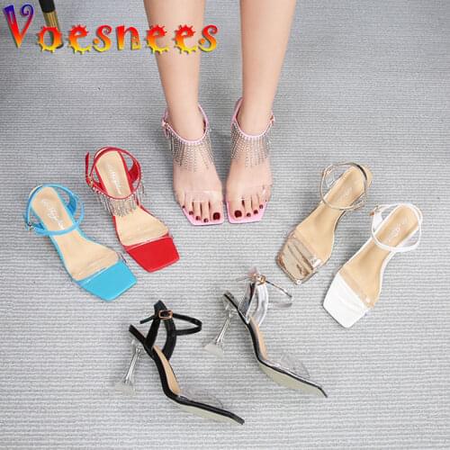 Sexy Transparent Women Tassel Diamond Wedding Shoes Buckle Strap Model Catwalk Show Sandals Summer Party New Dance High Heels