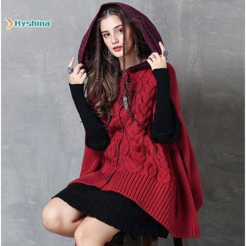 Womens Red Cloak New Splicing Sweater Retro Cape Style Loose Fashion Plaid Coat Winter Sweater