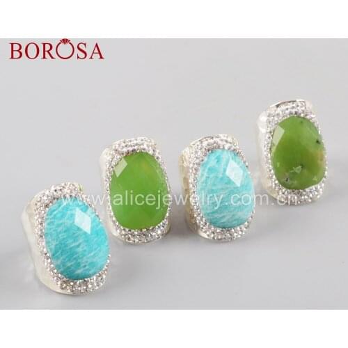 BOROSA Wholesale 5PCS Silver Plated Rhinestone Pave Multi-kind Faceted Stones Rings Natural chrysoprase Jades Drusy Rings JAB946