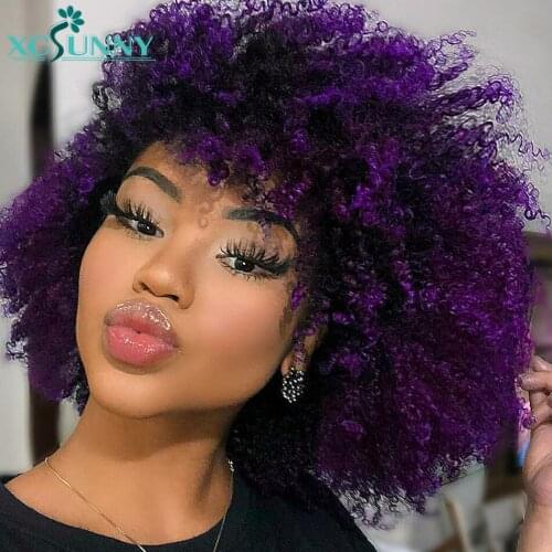 Purple Kinky Curly Wig Human Hair Full Machine Made Wig With Bangs Ombre Colored Wig Remy Brazilian Hair 18" 200 Density xcsunny