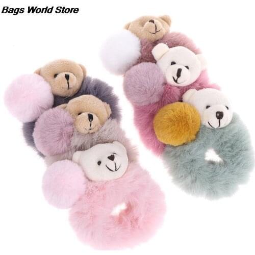 NEW Korean Lovely Colorful Headbands Rope Tie Holder Cute Bear Furry Elastic Hair Bands For Women Girls Fur Hair Accessories