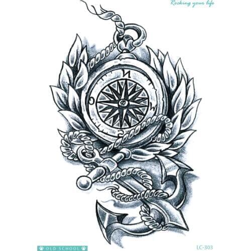 Rocooart LC303 New Compass Large Tatoo Sticker Tatuagem Black White Temporary Tattoo Stickers Vintage Style Men Fake Tattoo Taty