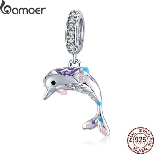 Bamoer Silver 925 Dolpin Animal Mermaid Pendant Charm for Jewelry Making Fit Bracelet Necklace Sterling Silver BSC159