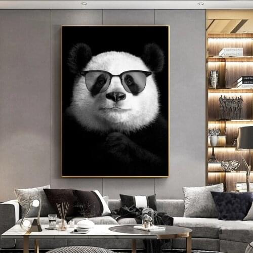 Modern Animal Panda Wearing Glasses Canvas Painting Black and White Poster and Prints Wall Art Pictures for Room Home Decor