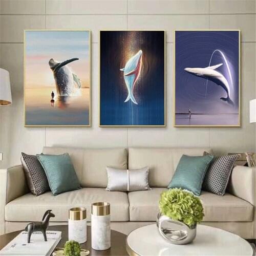Modern Sea Big Whale Human Poster Canvas Print Painting Wall Art Living Room Home Decoration