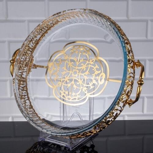 Glass Serving Tray Homedecor Luxury Service Plate Dish Golden Silver Round Turkish Arabic Oriental Eastern