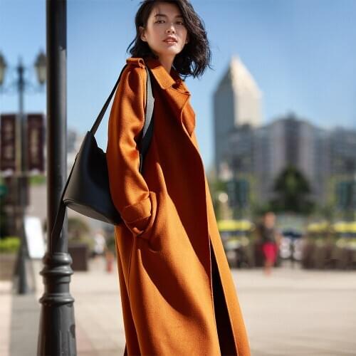 Super long new and neat hand-sewed double-sided water ripple wool coat female