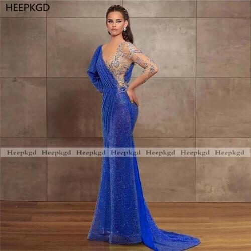 Long Sleeve Mermaid Evening Dress Shiny Beads See Through Royal Blue Arabic Women Occasion Dresses Customize Prom Party Gown