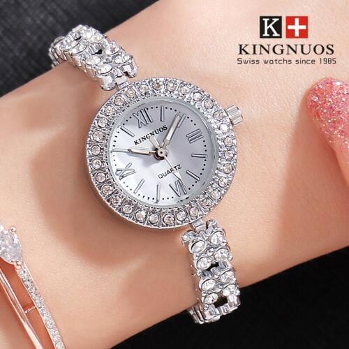 High Quality Kingnuos Brand Female Watch Exquisite Fashion Womens Alloy Waterproof Bracelet Watch for Girls Ladies Gift Silver