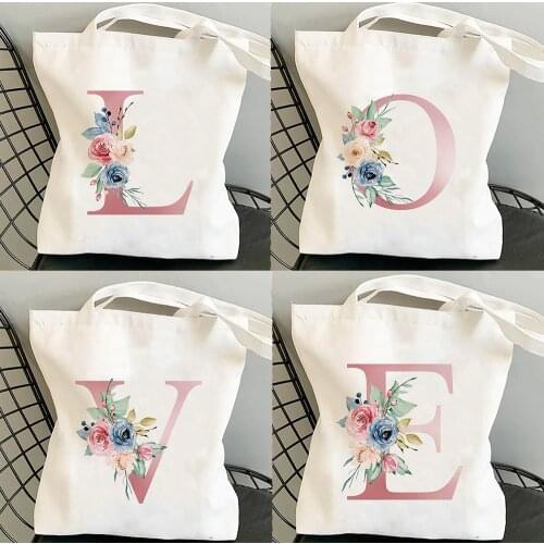 Flowers Alphabet A-Z Women Shopping Tote Bags Canvas Large Capacity Student Toiletries Organizers Casual Tote Letter Bags Gift