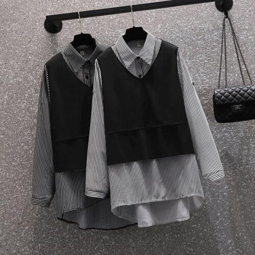 Nkandby Plus Size Striped Patchwork Shirts 2021 Autumn Korean Large Women`s Fake Two Piece Chiffon Blouses Loose Long Sleeve Top