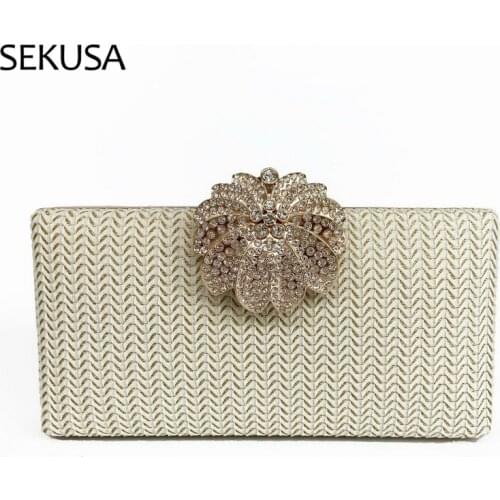 Knitted Fashion Lady Handbags With Flower Metal Diamonds Evening Bags Golden Luxury Chain Party Holder Clutch
