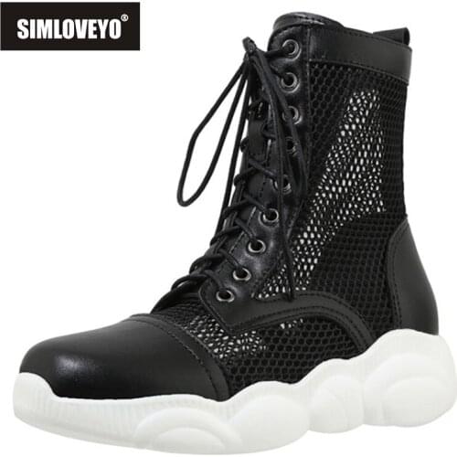 SIMLOVEYO 2021 Women Summer Boots Thick Bottom Mesh Net Lace Shoes Simple Casual Ladies Summer Footwear Ankle Boots A2383