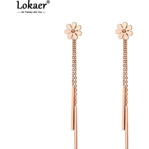 Lokaer Trendy Stainless Steel Small Daisy Long Tassel Earrings For Women Girl Rose Gold Chain Link Dangle Earring Jewelry E20068