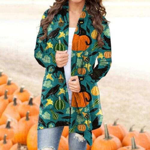 Women Halloween Cardigan Fashionable Pumpkin Animal Cat Printing Jacket Long Sleeve Coat Female Autumn Coats Clothes#f3