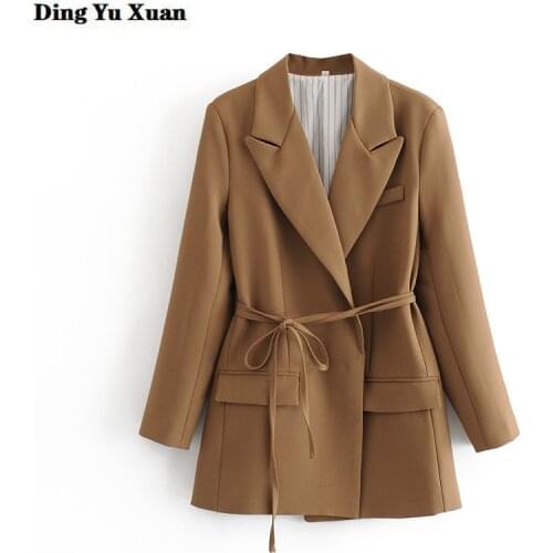 Women Brown Blazer New Lapel Long Sleeve Loose Fit Suit Jacket Woman Fashion Sashes Spring Autumn Female Chic Cardigan Coat