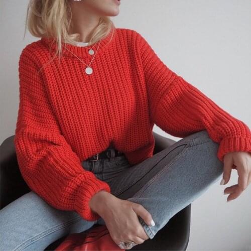 Red Sweater Womens Fall/winter 2021 New Hot Sale Round Neck Pullover Solid Color Loose Comfortable Fashion Warm Knit Sweater