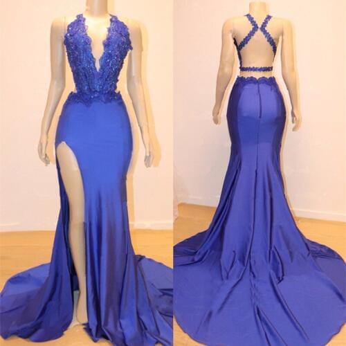 Avondjurk Royal Blue Mermaid Evening Dresses Long 2020 Arabic Side Split Open Back Prom Gowns Formal Women Special Occasion
