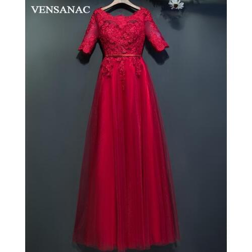VENSANAC 2017 New A Line Embroidery O Neck Long Evening Dresses Elegant Half Sleeve Sash Lace Appliques Party Prom Gowns