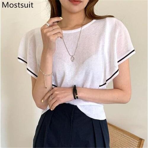 2020 Summer Korean Casual Butterfly Sleeve Tops Tshirts Women O-neck Knitted Tees T Shirts Fashion Elegant Sweet Ladies T-shirt