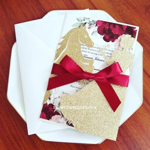 50pc Elegant Horse Quinceanera Invitation With Personalized Print And Ribbon DIY Glittery Greeting Cards For Sweet 16 Party