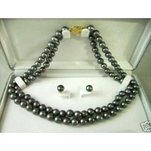 Free Shipping 2row 7-8MM Black Freshwater Pearl Necklace(18") Earring Set