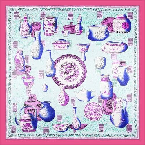Free Shipping 90*90cm Silk Square Scarf Women Fashion Chinese blue and white porcelain High Quality Shawl hijab