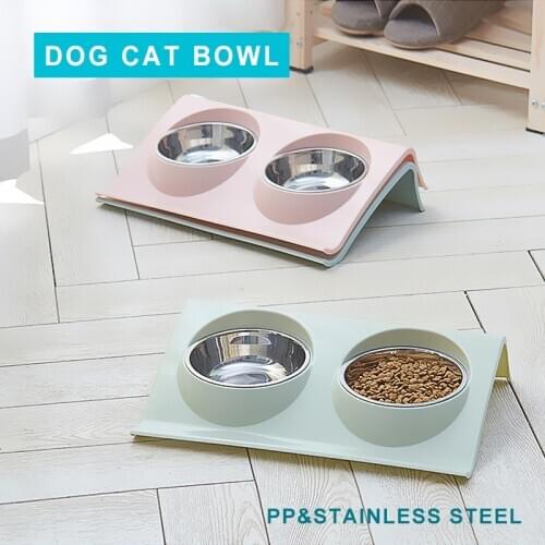 Double Dog Cat Bowls Separate type Dual Purpose Stainless Steel PP Pet Food Water Feeder For Dogs Safety Healthy Puppy Tableware