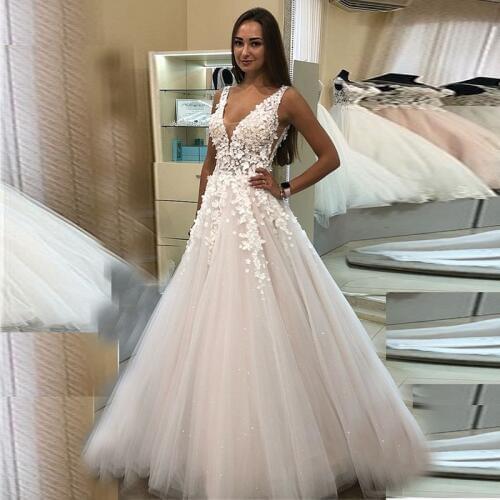 Eightale Wedding Dresses Boho V-neck Princess Wedding Gowns A-Line Appliques Lace Tulle Bride Dress 2019 Free Shipping