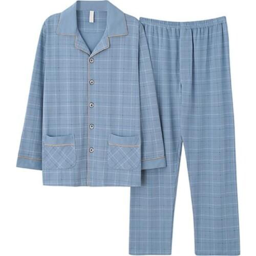 Cotton Pajamas Set Men Long Sleeves Pajamas Plaid Leisure Long Shirt Sleepwear Plus Size Sleep Set Lounge Home Wear Pyjamas