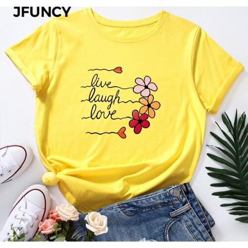 JFUNCY Plus Size Women Cotton T Shirt Cute Love Flowers Print Loose Tees Short Sleeve Woman Casual T-shirt Summer Female Tops