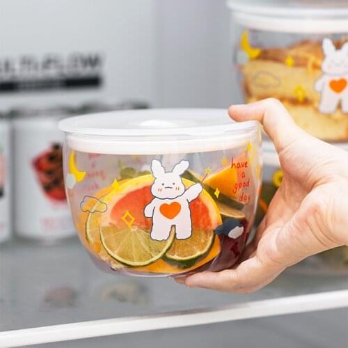 800ml Cartoon Glass Seal Fresh-keeping Box With Lid Fruit Salad Instant Noodle Bowl Office School Lunch Box Microwave Safe
