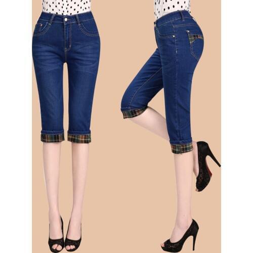 Summer pants new high waisted elastic large size thin jeans womens 7 Capris womens middle-aged breeches loose