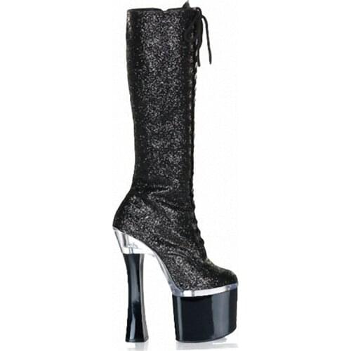 18cm Fashion female knight platform heels knee high boots in the winter shoes PU boots nightclub high-heeled shoes of woman