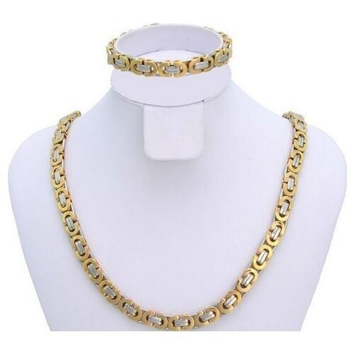 Gold & 8mm flat byzantine chain Mens Stainless Steel Necklace Bracelet Jewelry set fashion Jewelry