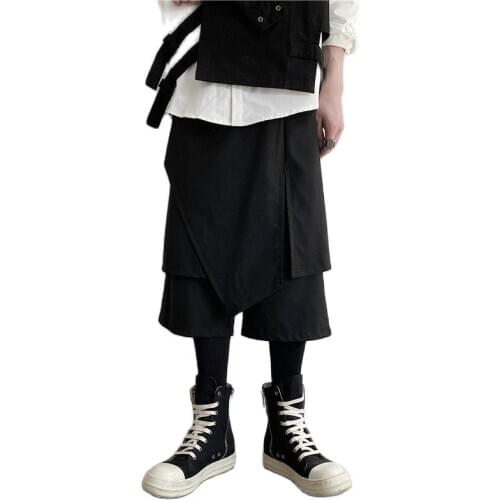 Irregular fake two piece hip hop pants mens punk vintage wide leg pants Japanese street style joggers culottes