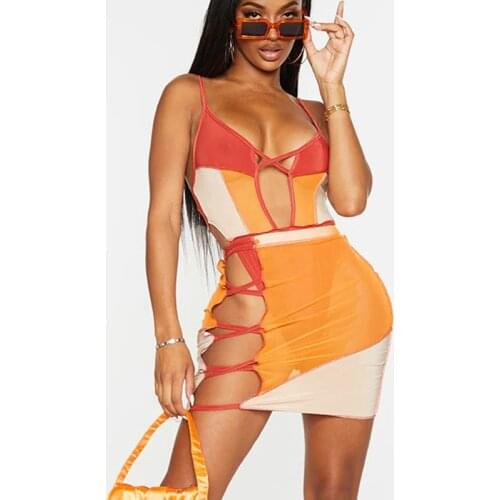 Sexy Mesh Patchwork Cut Out Mini Dress Women Straps Bicolor Color Blocking Wrap Hip Sundress 2021 Summer Prom Night Party Outfit