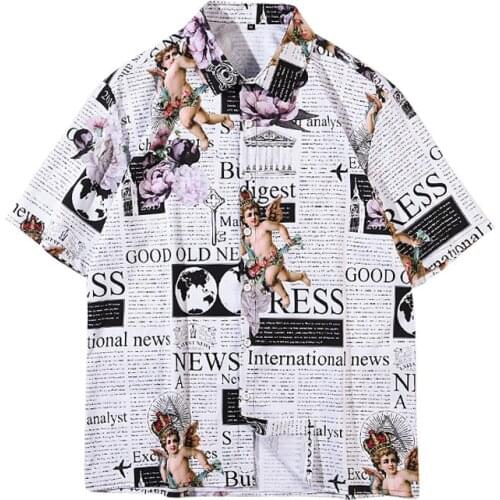 Mens Fun Newspaper Print Casual Holiday Short Sleeve Shirt Turn Down Collar Beach Wear Clothes Men Shirts