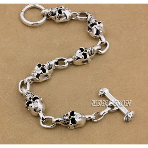 Handmade 925 Sterling Silver Skulls Mens Boys Biker Rock Punk Bracelet 9N022
