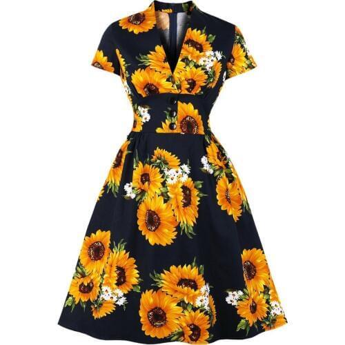 Sunflower Print 1950s Vintage Cotton Dress Button Plus Size Women Robe Femme Casual Elegant Summer Clothes Party Midi Dress 4XL