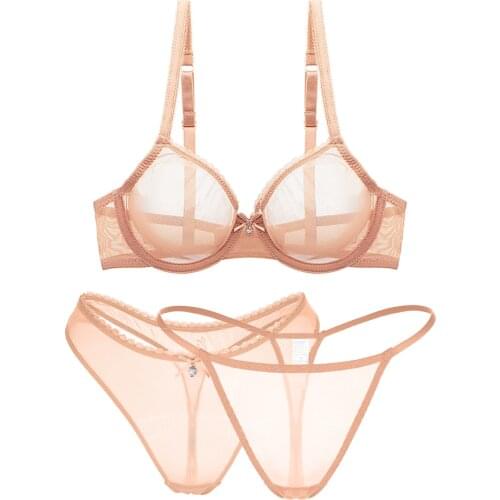 Sexy summer bikini thong ultra-thin breathable underwire bra set plus size womens underwear low rise panty bra+V-string+thong