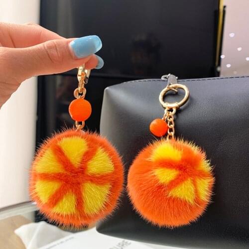 Cute Real Mink Fur Plush Fruit Orange Pendant Keychain Kids Doll Bag Charm Ornaments Car Keyring Trinkets Gift Toys Accessories