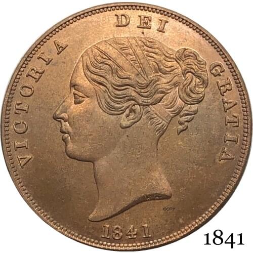 United Kingdom 1841 Victoria 1 One Penny UK Queen Red Copper Copy Coins Great Britain Bronze Portrait Coin With Smooth Edge