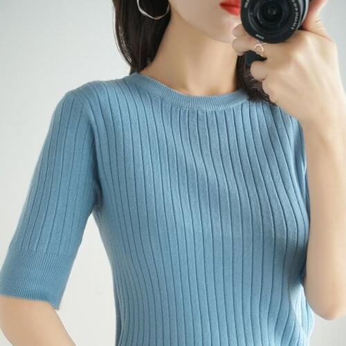 New Arrival Spring Summer Stripes Knit T-shirt Thin Knitting With Short Sleeve Breathable Basic Tees Breathable Minimalist Top