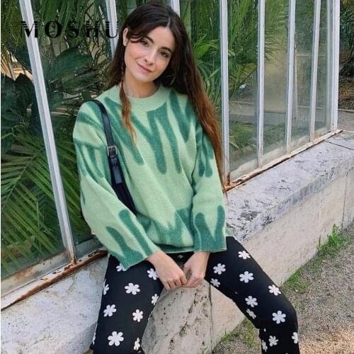 Long Sleeve Striped Printed Knit Sweater Women Winter Casual Loose Oversized Jumper Crew Neck Pullover Female Sueter Mujer