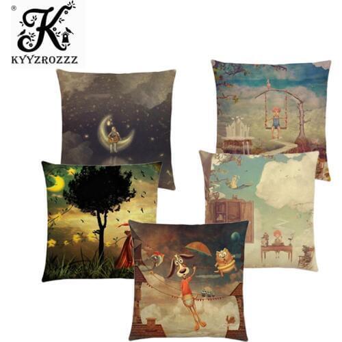 Mysterious Imagine Animals Forest Children Fantastic Clouds Sky Moon Stars Dream Fairy Tale Cushion Cover Sofa Throw Pillow Case
