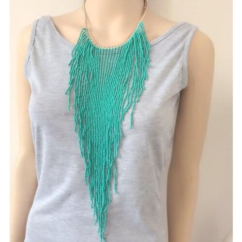 Statement Collar Long Pendant Tassel Small Beaded Necklace, Hand Making Bohemia Style Necklace Jewelry